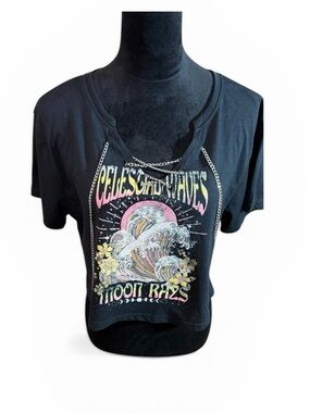 NWOT Cold Crush Black Graphic Crop Top with Pastel Wave Print